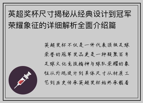英超奖杯尺寸揭秘从经典设计到冠军荣耀象征的详细解析全面介绍篇